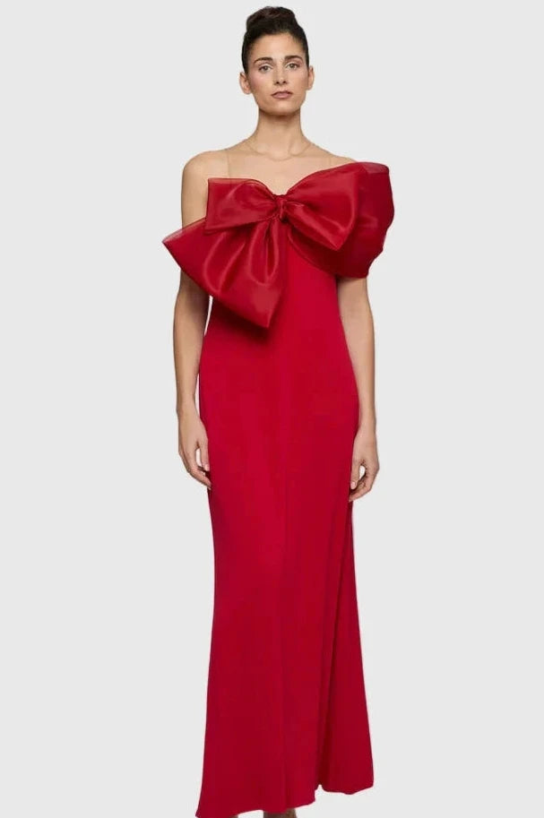 VESTIDO TABITA LARGO EVASE DETALLE MAXI LAZO ORGANZA ROJO