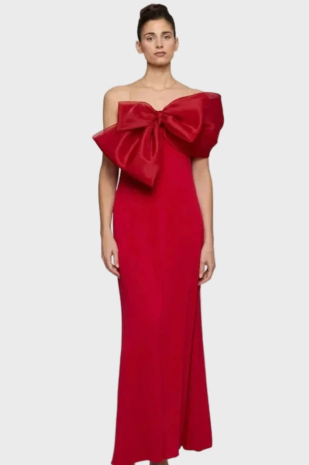VESTIDO TABITA LARGO EVASE DETALLE MAXI LAZO ORGANZA ROJO