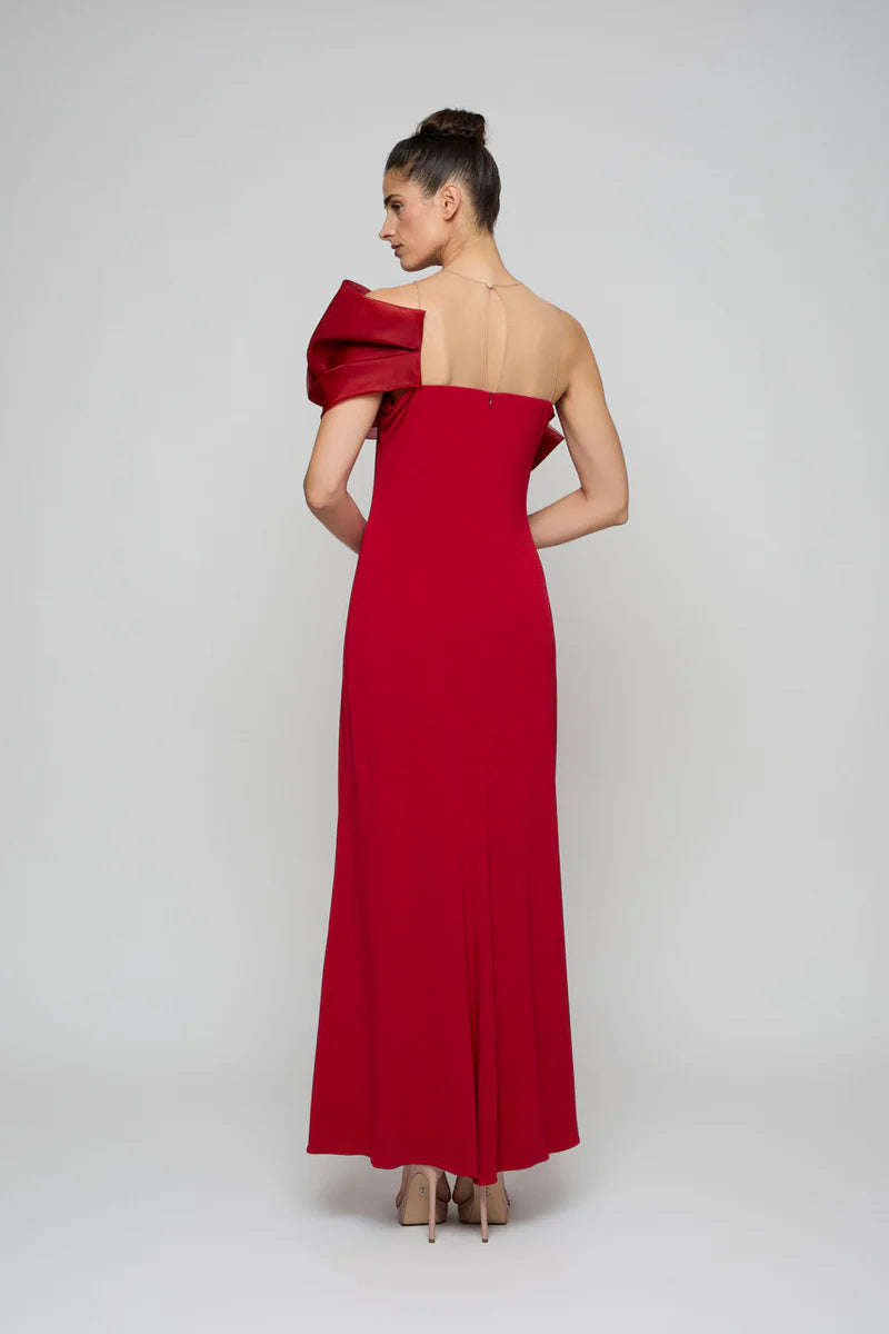 VESTIDO TABITA LARGO EVASE DETALLE MAXI LAZO ORGANZA ROJO