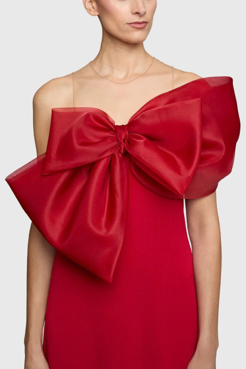 VESTIDO TABITA LARGO EVASE DETALLE MAXI LAZO ORGANZA ROJO