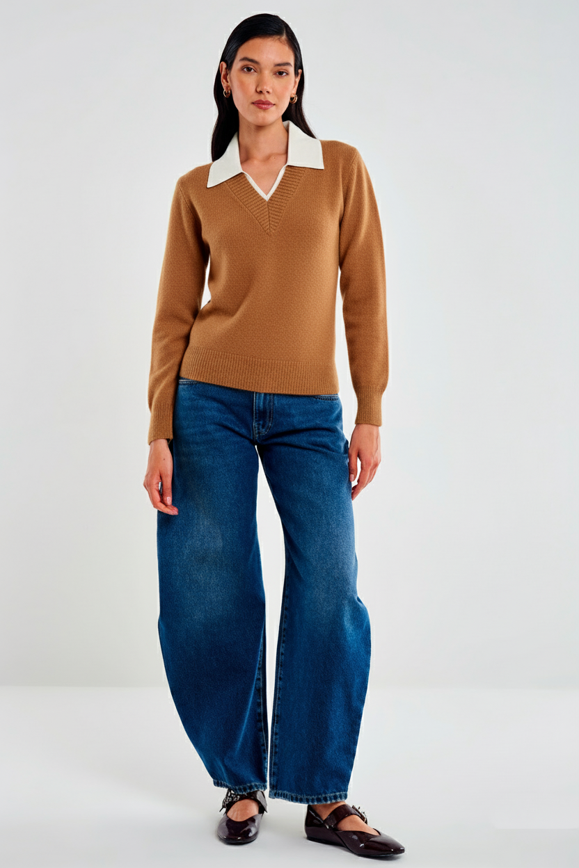 JERSEY CAMEL EN PICO CON CAMISA AZUL VV