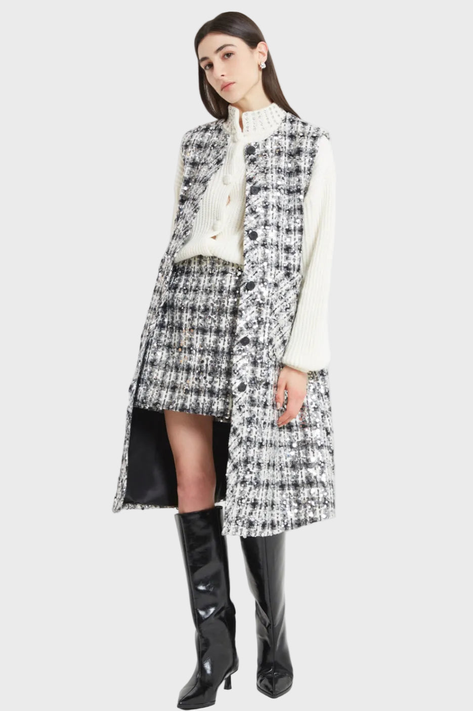 ABRIGO TWEED LENTEJUELA BLANCO Y NEGRO