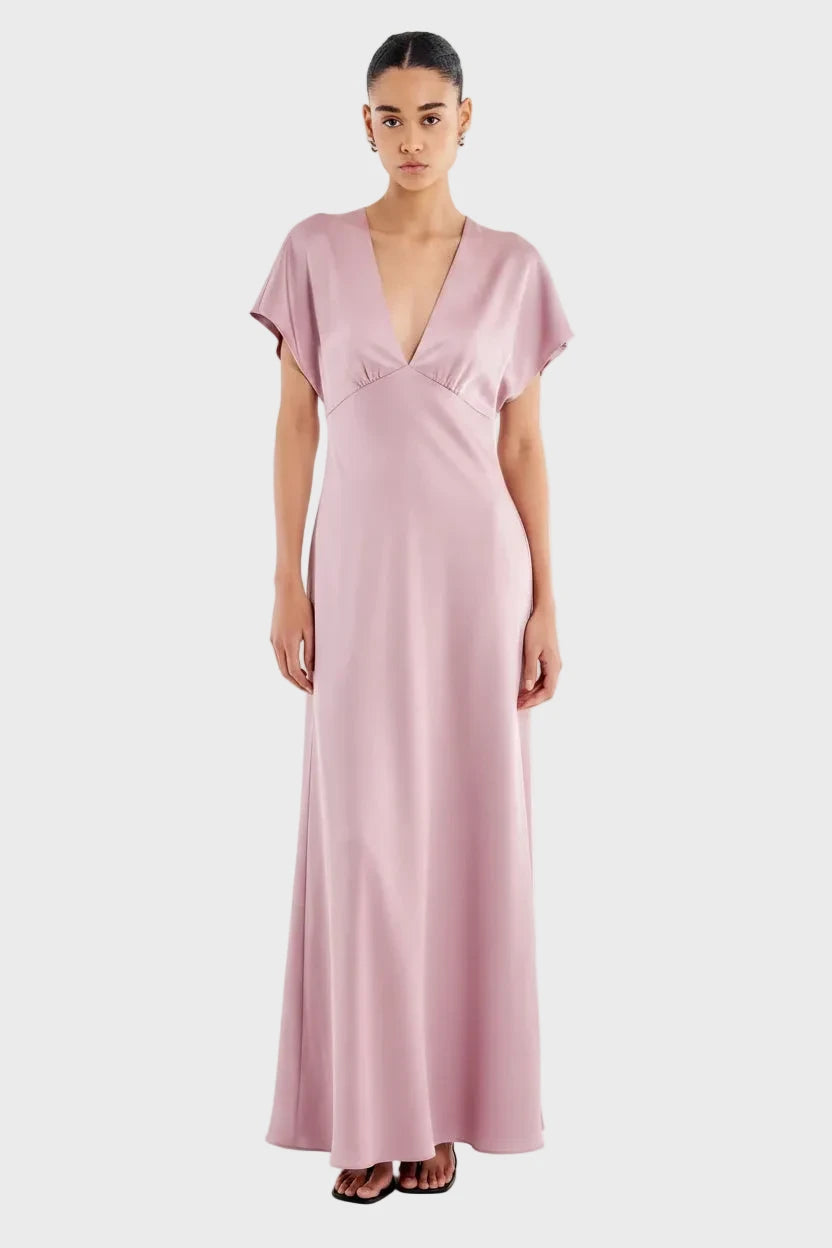 VESTIDO SATINADO ROSA PASTEL MANGA CORTA