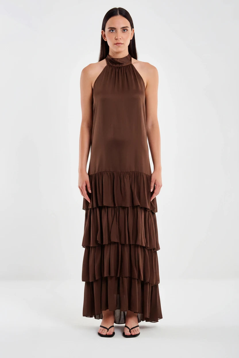 VESTIDO MARRON CHOCOLATE CUELLO HALTER