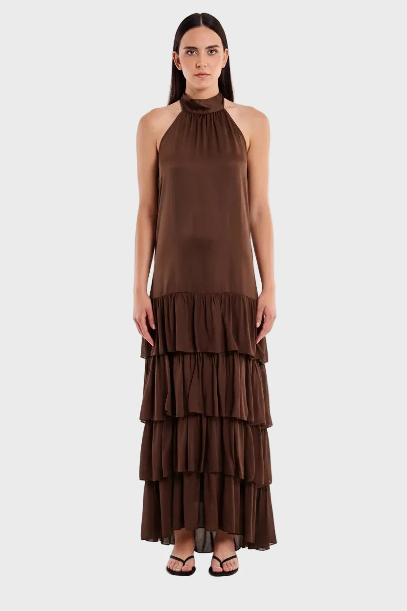 VESTIDO MARRON CHOCOLATE CUELLO HALTER