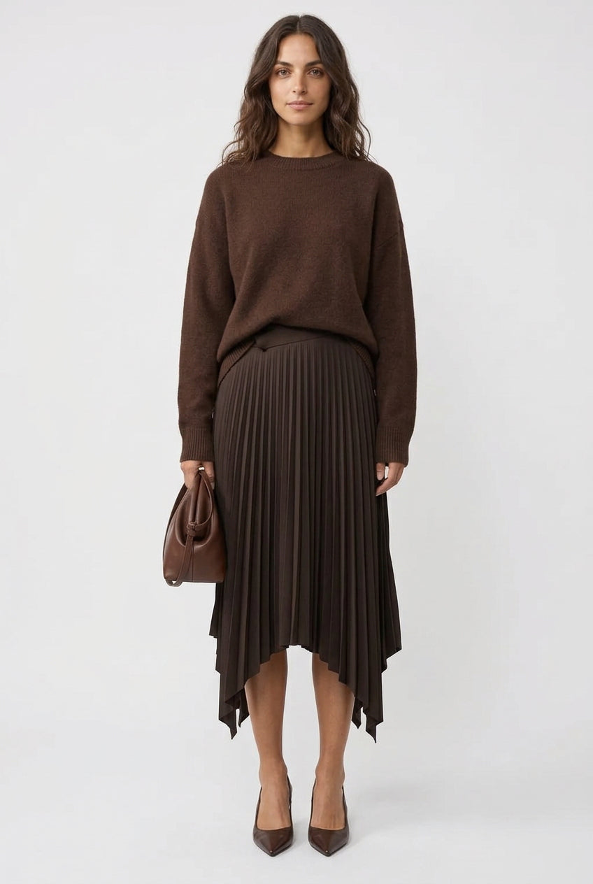 FALDA PLISADA ASIMETRICA MARRON