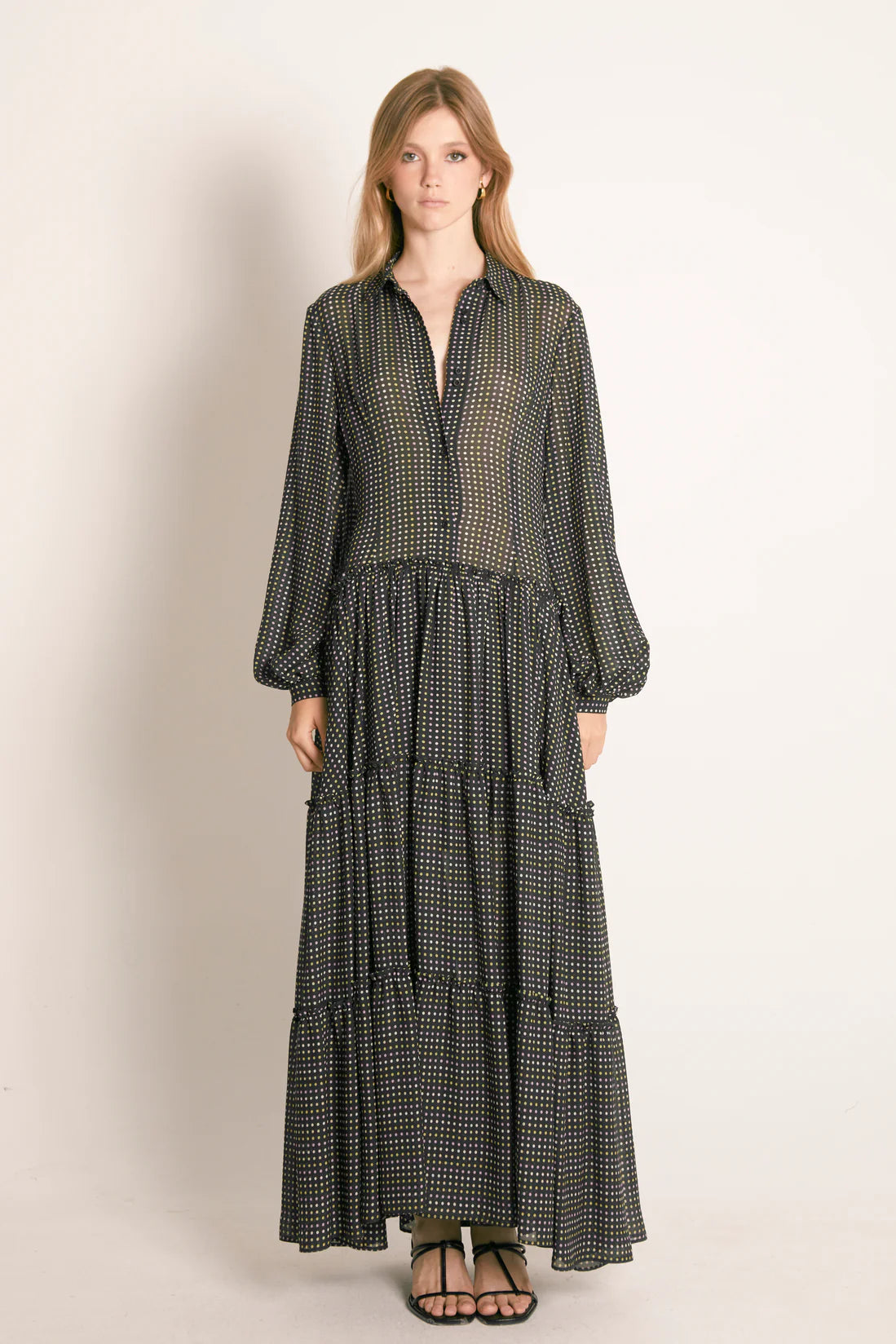 MAXI VESTIDO GEORGETTE LUNARES NEGRO
