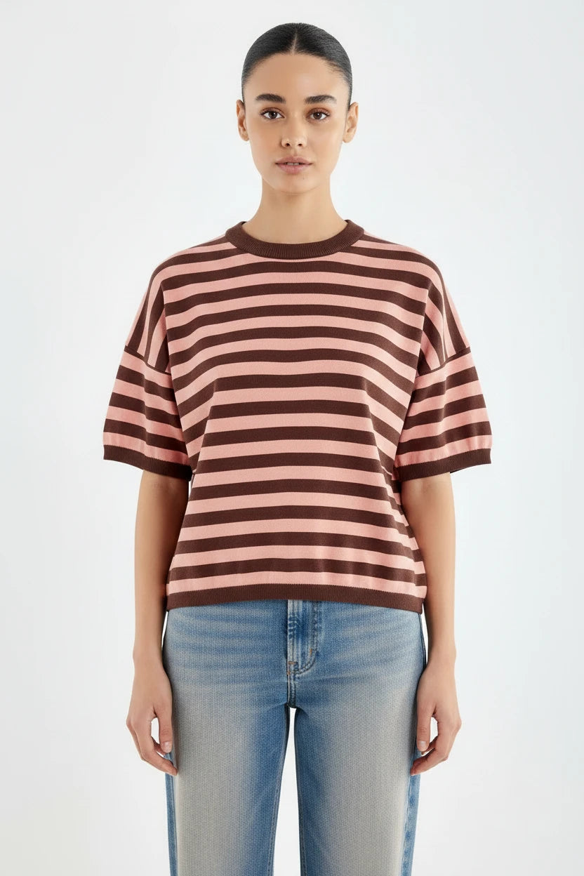 CAMISETA RAYAS ROSA Y MARRON