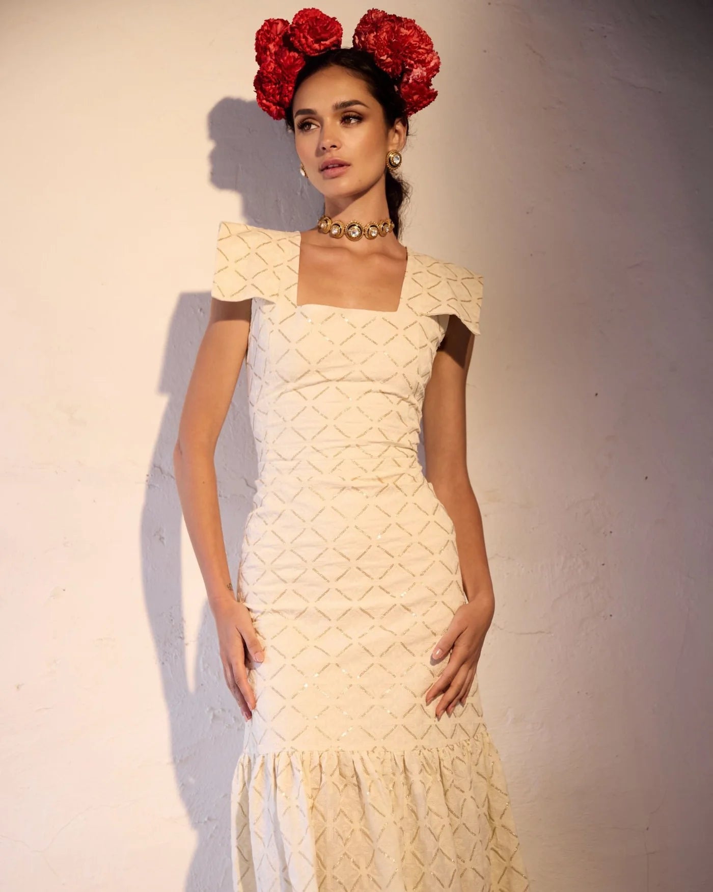 VESTIDO AFRICA BEIGE Y DORADO
