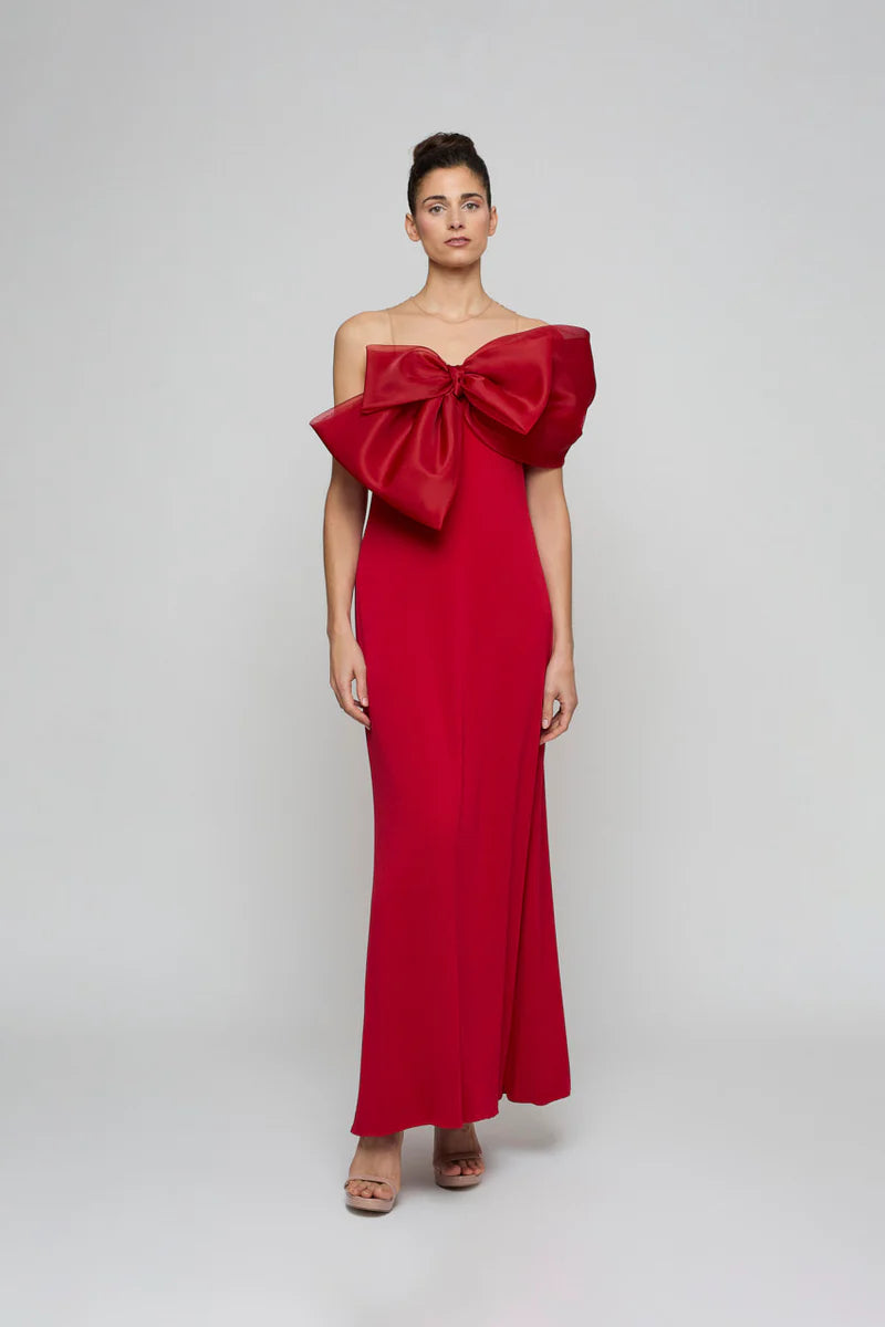 VESTIDO TABITA LARGO EVASE DETALLE MAXI LAZO ORGANZA ROJO