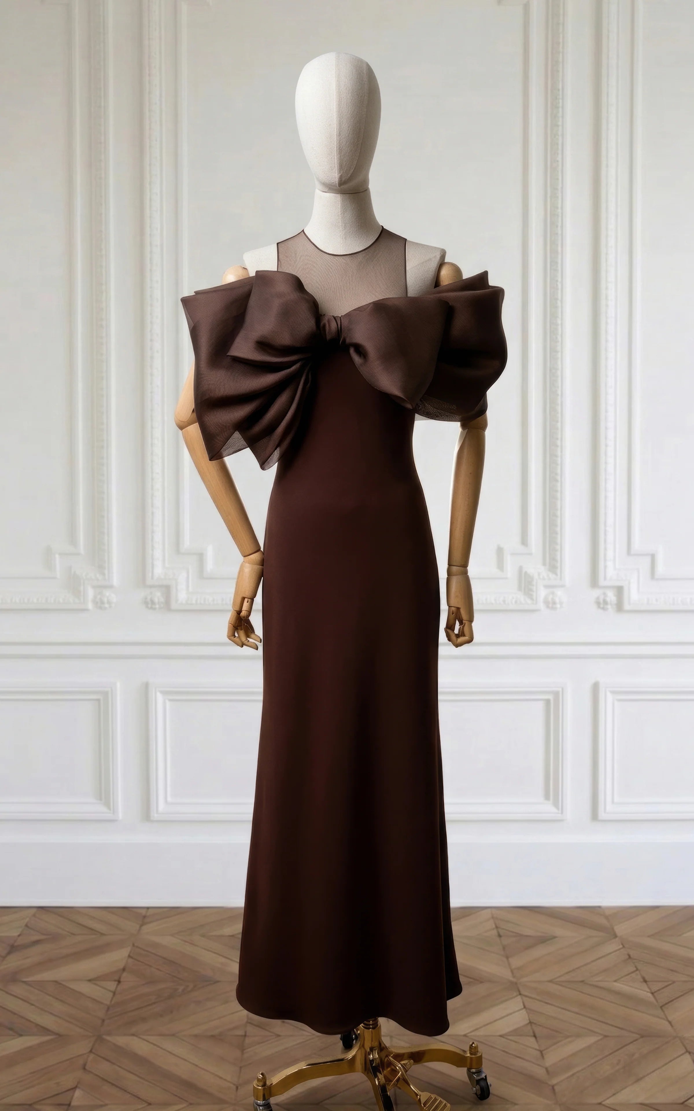 VESTIDO TABITA LARGO EVASE DETALLE MAXI LAZO ORGANZA MARRON CHOCOLATE