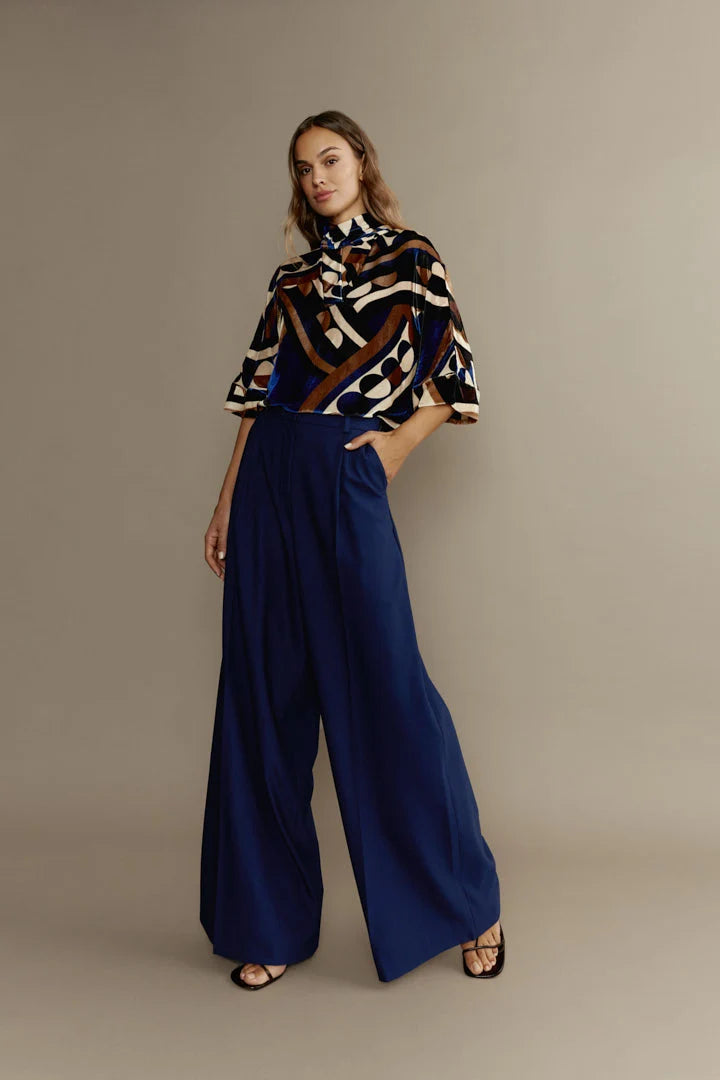 PANTALON HIPER PALAZZO GABARDINA AZUL
