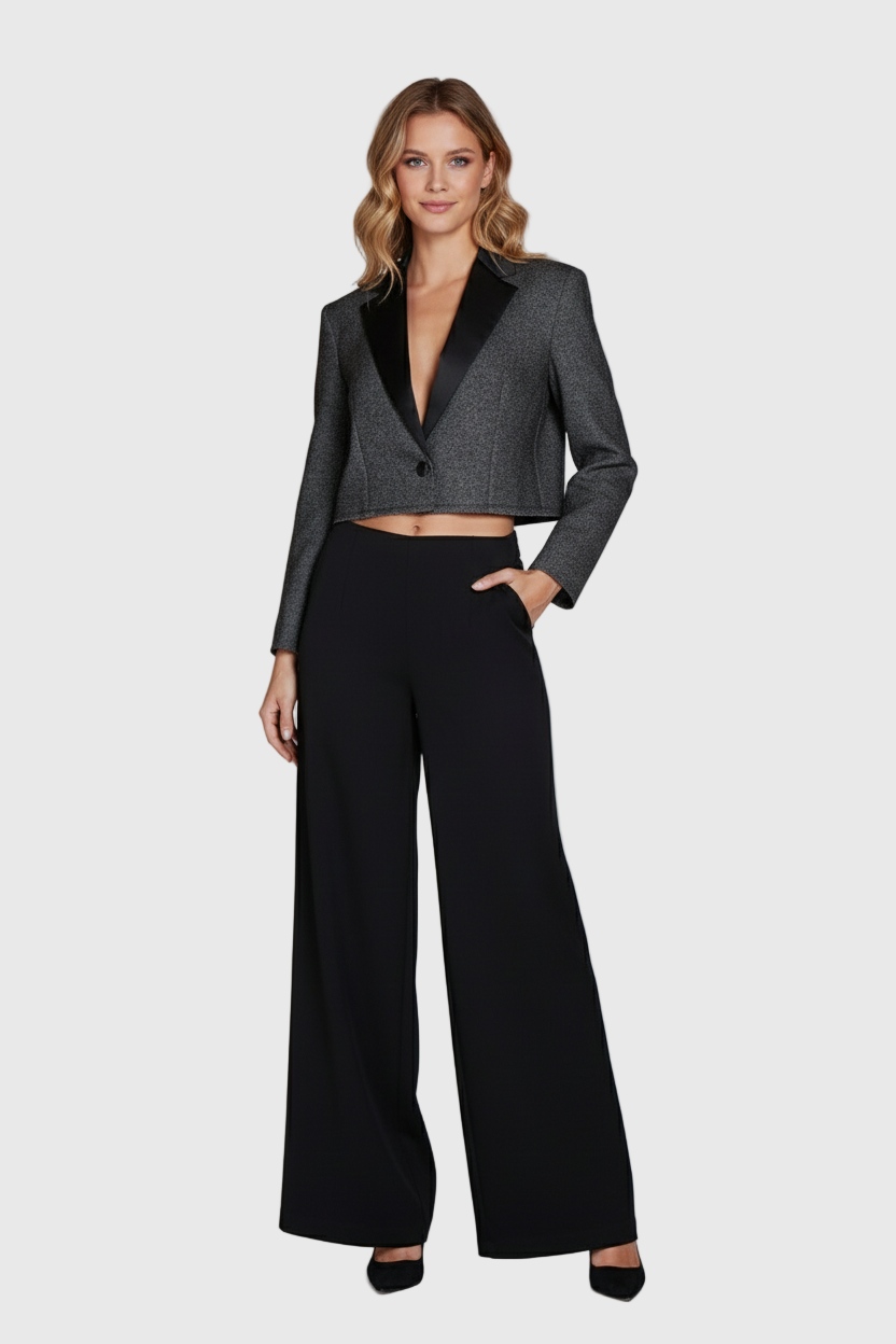 BLAZER CORTA GRIS CON DETALLE SATINADO NEGRO VV