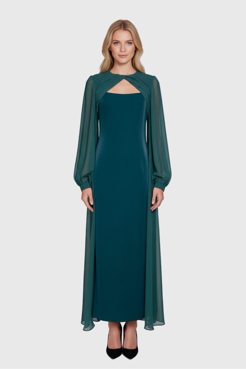 VESTIDO MIDI VERDE CON CAPA
