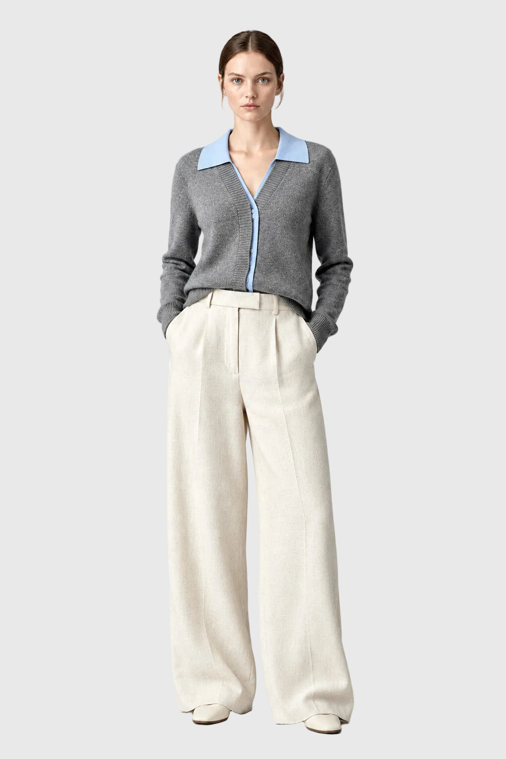 JERSEY GRIS ABOTONADO DETALLE CUELLO CAMISA AZUL