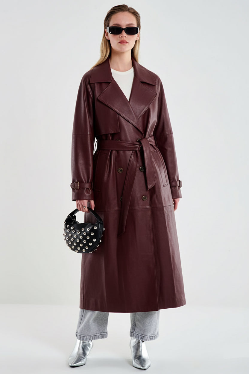 ABRIGO PIEL GRANATE LARGO VV