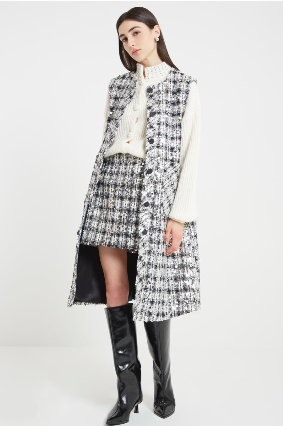 ABRIGO TWEED LENTEJUELA BLANCO Y NEGRO