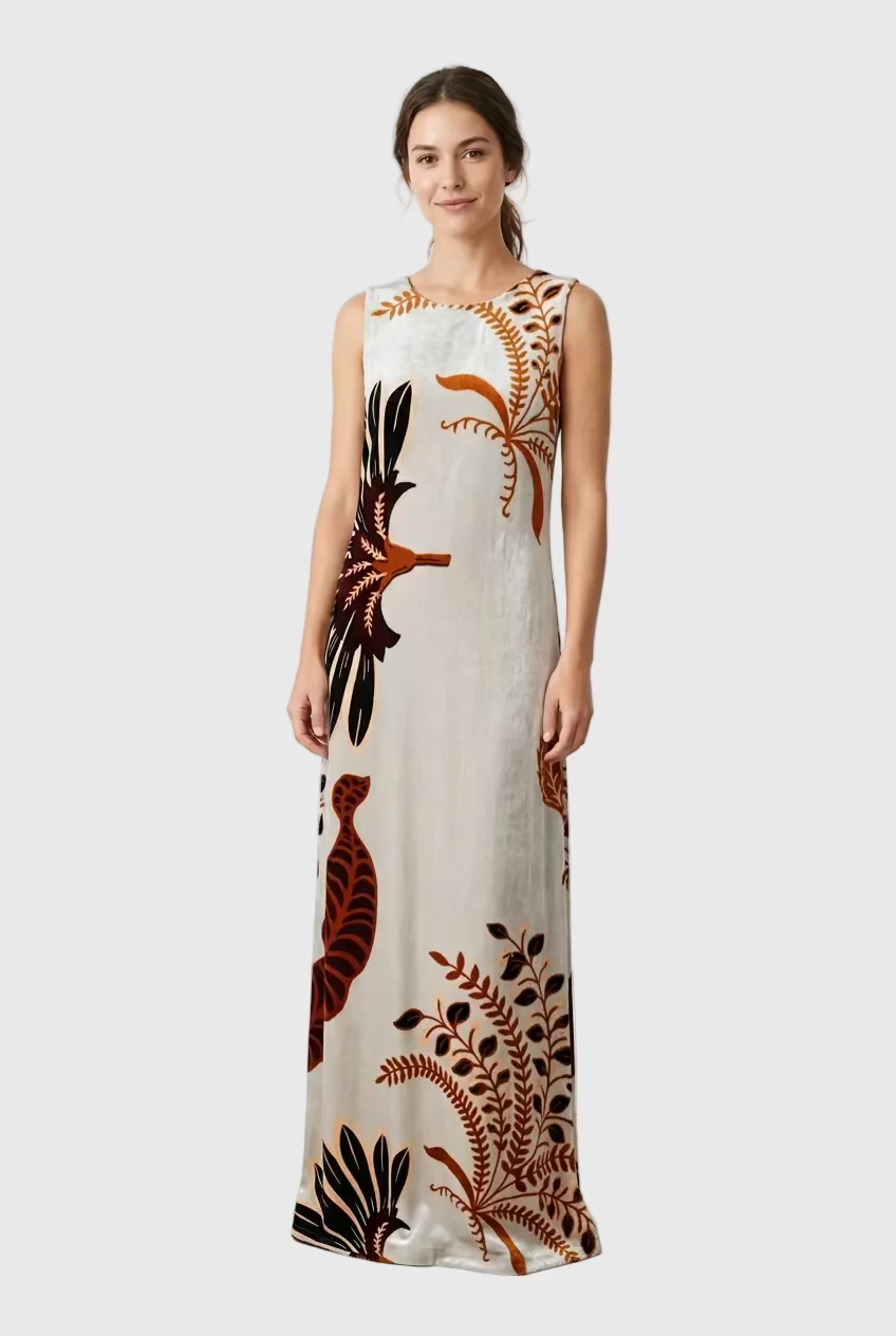 VESTIDO ELENI NOCTURNO DE JARDIN SILK VELVET OCRE