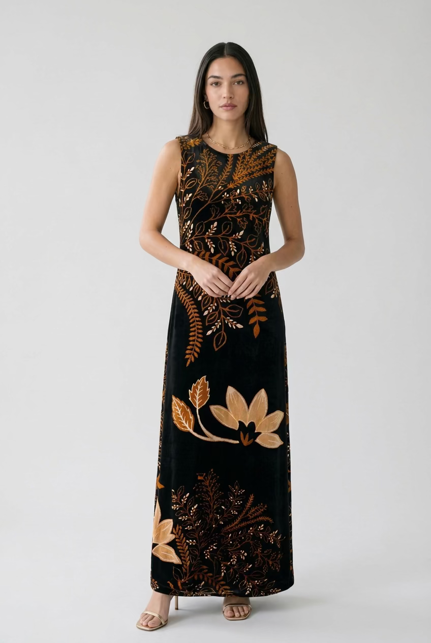 VESTIDO ELENI NOCTURNO DE JARDIN SILK VELVET NEGRO