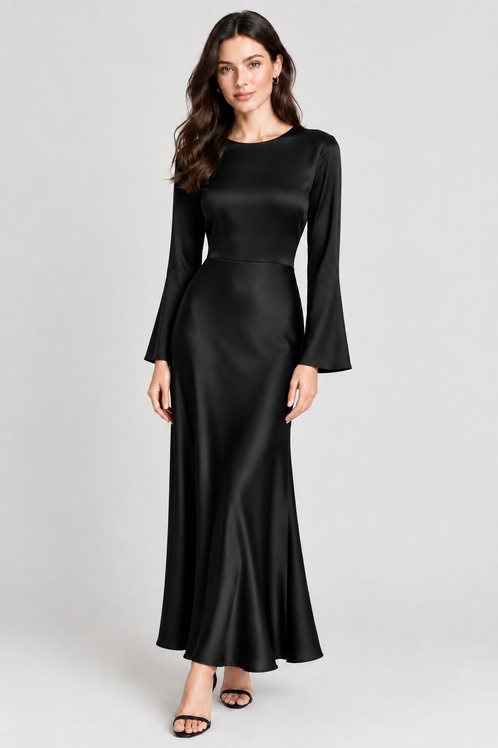 VESTIDO SATINADO MIDI MANGAS LARGAS NEGRO