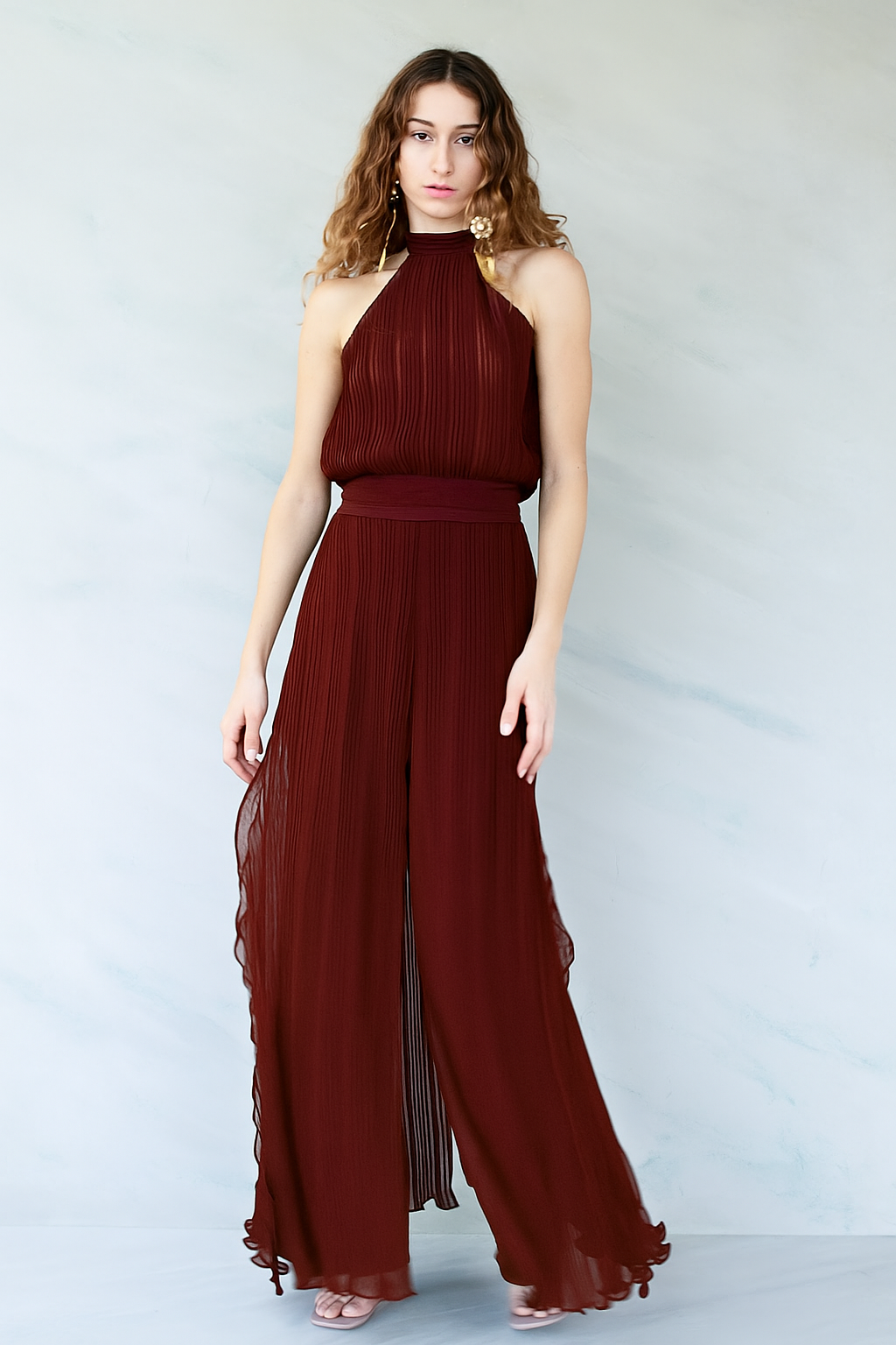 PLEATED HALTER TOP BURGUNDY