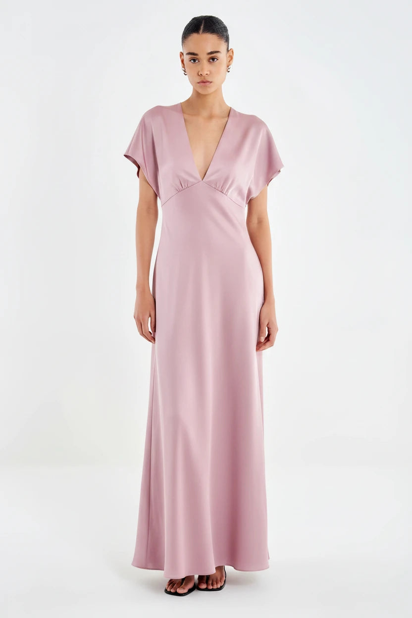 VESTIDO SATINADO ROSA PASTEL MANGA CORTA