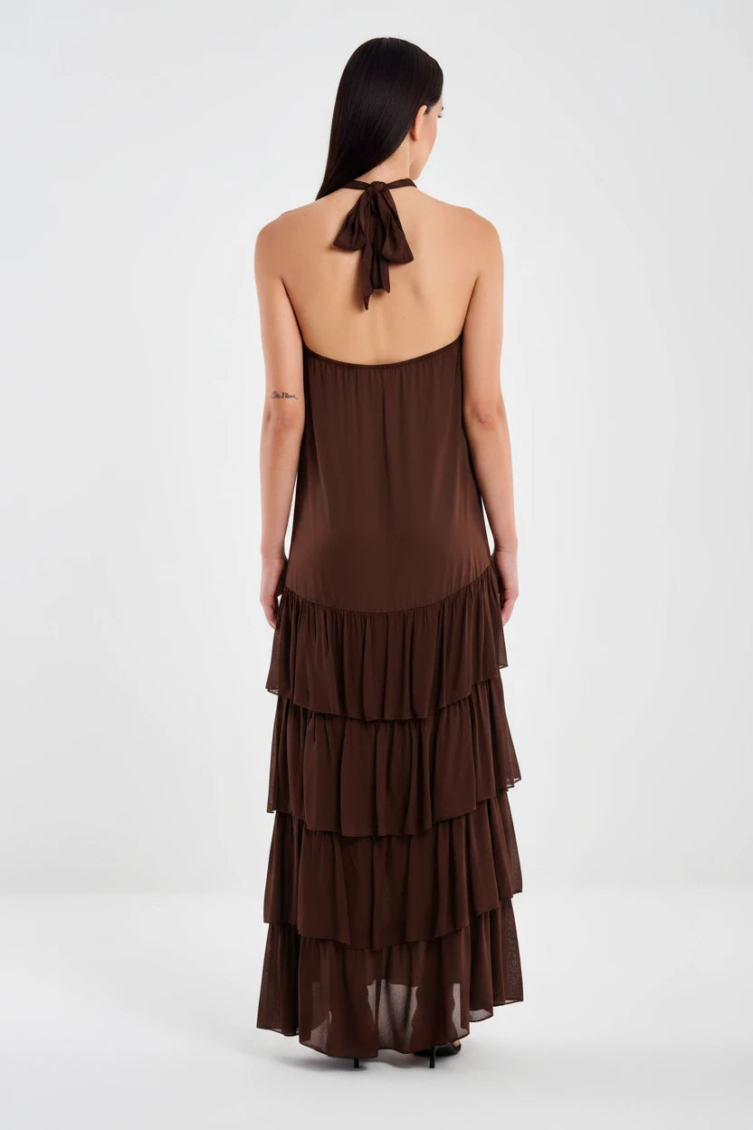VESTIDO MARRON CHOCOLATE CUELLO HALTER