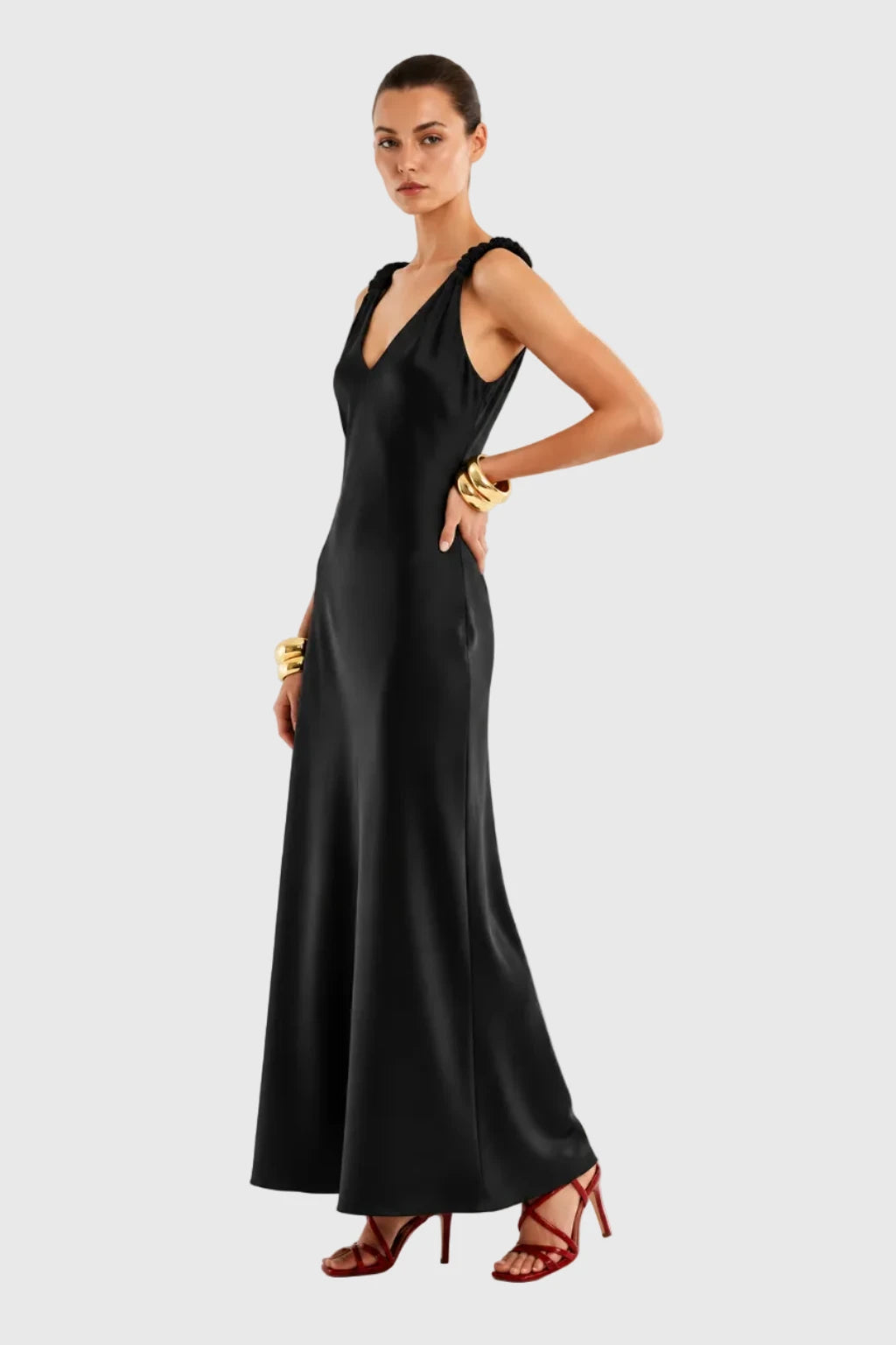 VESTIDO SATINADO NEGRO TIRANTES FRUNCIDOS