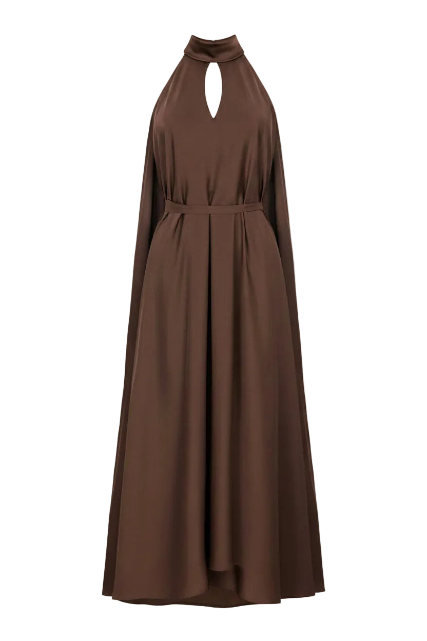 VESTIDO CAPA SATÉN MARRON CUELLO ABIERTO