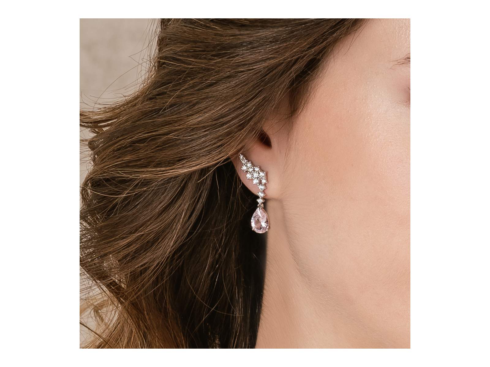 PENDIENTES TREPADORES ROSA EN PLATA NOVIA